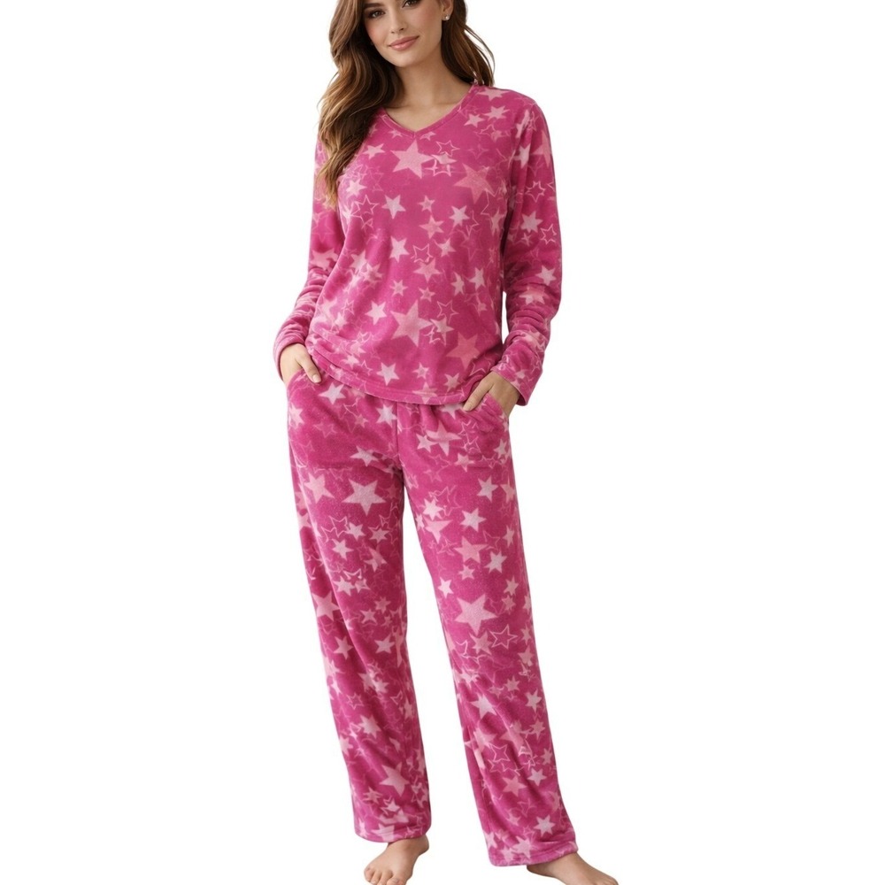 Hotel Collection Fleece Pajama Set Pink Star Print‎ Soft Cozy Size L